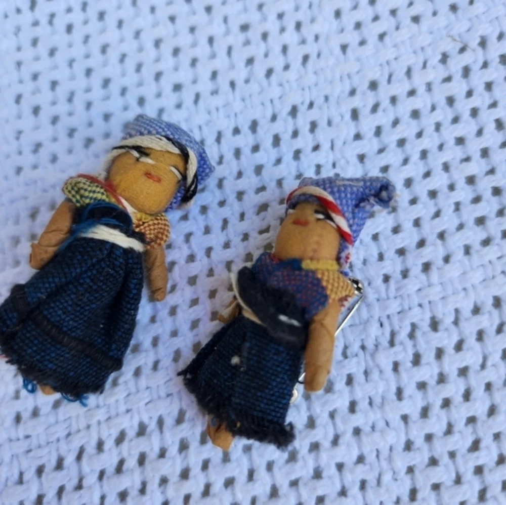 Vintage Handmade Folk Art Doll Pins Textile Brooch Pair Ethnic Boho